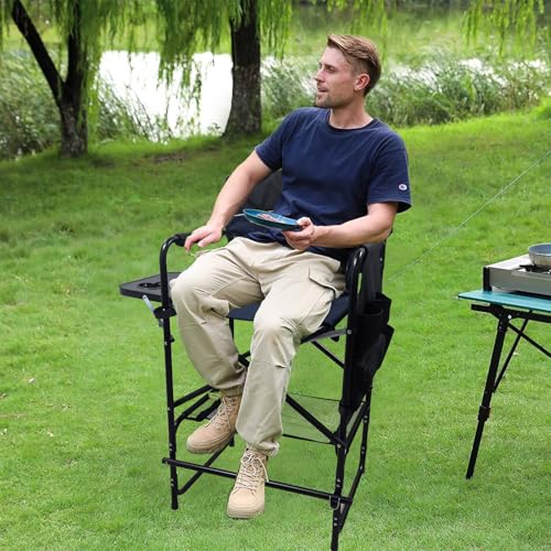Tall Folding Director Chair 30.7" Seat Height Foldable Bar Stool for Makeup Artist Face Painting with Side Table Carry Bag and Cosmetic Bag Supports 350LBS - color: Grey-padded
