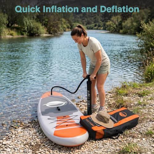 SereneLife 10’6” Inflatable Stand Up Paddle Board with Premium SUP Accessories - 32” Wide Stable Design with Non-Slip EVA Deck Pad, for Youth and Adults, 350 lbs. Capacity - color: Orange