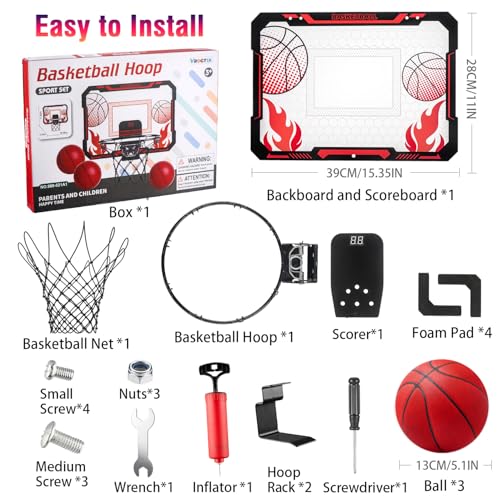 Indoor Basketball Hoop for Kids with Scoreboard Over the Door Basketball Hoop with 3 Balls Basketball Toys Gifts for 5 6 7 8 9 10 11 Years Old Boys Girls Mini Hoop for Bedroom and Birthday/Christmas - style: Red