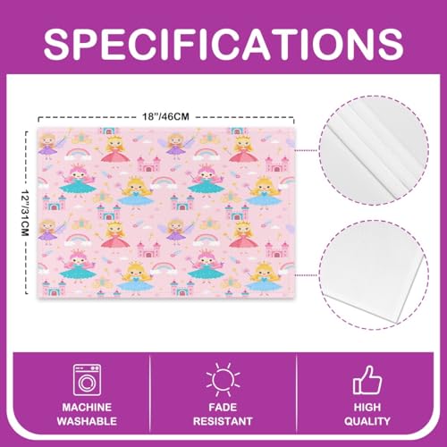 Erosebridal Cartoon Placemats 12X18 Inch Set of 4,Romantic Fantasy Wand Castle Place Mats,Rainbow Clouds Flower Floral Love Heart Waterproof Placemats - color: Pink White Teal Blue