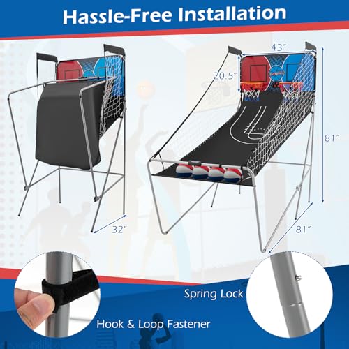 GYMAX Arcade Basketball Game Indoor Foldable with 8 Game Modes, Arcade Sound, 4 Balls and Inflation Pump, Electronic Basketball Games for Home - color: Red+blue