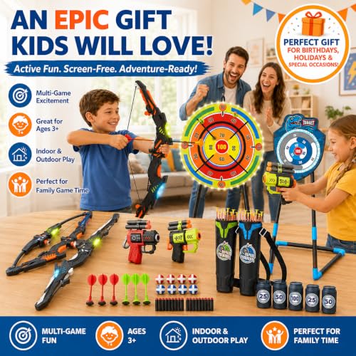 VROGTIK 2 Pack Kids LED Bow and Arrow Set with Standing Target & LED Dart Board, 20 Suction Cup Arrows, 2 Quivers, Foam Dart Toys, Indoor Outdoor Archery Toy Gift for Boys Girls Ages 3-12 - color: Blue/Green/Yellow