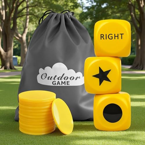 Giant Left Right Point Center Dice Game with 24 Large Chips & Carry Bag. 3.5" Jumbo Foam Indoor/Outdoor & Lawn Dice Game for Family - color: Jumbo Yellow Foam Dice