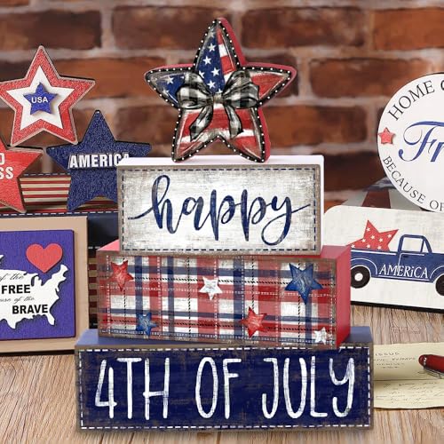 DIYDEC 4Pcs Memorial Day Table Decor 4th of July Patriotic Wood Signs Independence Tiered Tray Decor America Red Blue Centerpieces Signs for Farmhouse Holiday Tabletop Home Party Decoration - style: Independence Day Star