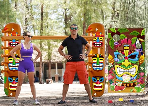 2 Sets Hawaiian Luau Party Decorations – Summer Tiki Theme Inflatable Limbo with Toss Game Set for Adults, Pool Party, Tropical Beach Birthday Accessories