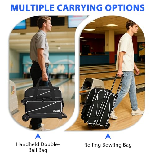 Goloni 3 Ball Bowling Bag with Wheels, 2+1 Double Roller Bowling Bag with Shoe Compartment,Tote Bag for Bowling Accessories - color: 2 Ball-Black