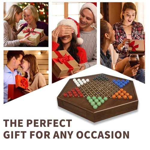 Chinese Checkers Board Game - 15” Large Wooden Checkers Game with Storage Drawer, 16mm Glass Marbles (60 + 12 Extras), Classic Family Strategy Game for 2-6 Players - size: 15"