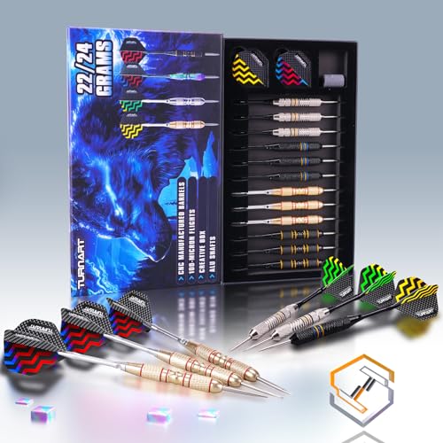 Turnart Darts Metal Tip Set - Steel Tip Darts Darts Set Professional Metal Darts 12 pcs 22/24 Grams Pro Dart Set with Stylish Case Aluminum Shafts Extra 9 Flights - color: Gold / Black