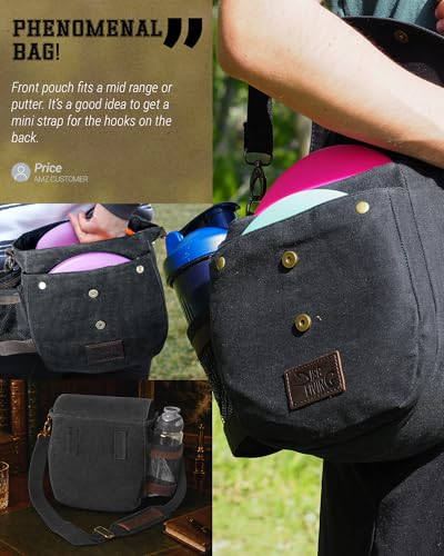 Disc Golf Bag | Frisbee Golf Bag | Easy to Carry | Lightweight Fits Up to 10 Discs | 16 oz Waxed Canvas Sturdy Design | Belt Loop | Double Button Design | Bottle Holder - style: Waxed Canvas / Leather - Black