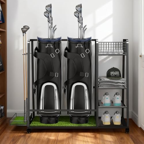 TooCust Golf Bag Storage Rack for Garage – Heavy Duty Golf Organizer Fits 2 Bags with Locking Wheels, Freestanding Golf Club Rack with Shelves & Turf Mat Base for Equipment, Shoes, Accessories