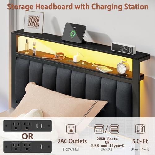 Furnulem Twin Bed Frames with Charging Station and LED Lights, Grey Upholstered Headboard with Shelves, Metal Platform Bed with 2 Under-Bed Storage (Fabric Drawer on Wheels), No Box Spring Needed - size: Twin