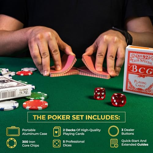 Queensell Poker Set with 300 Professional Weight Poker Chips for Texas Holdem – Poker Chip Set with Aluminum Carrying Case, Playing Cards, Dealer Buttons & Dice