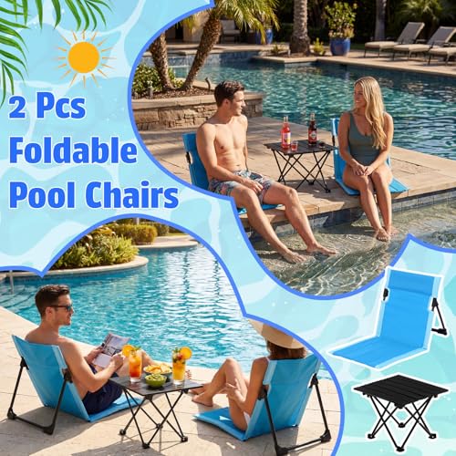 Gerrii 3 Pcs Foldable Poolside Beach Chairs Set with Side Table for Edge of Pool Portable Beach Chairs Folding Pool Seats with Back Support Carry Bag for Adults Traveling Camping Picnic Lawn