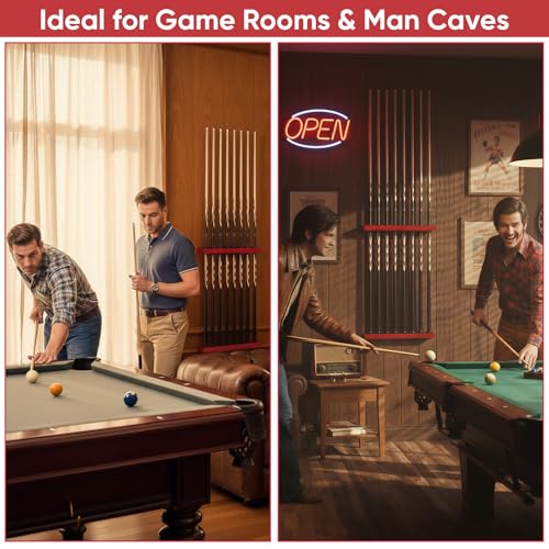 Pool Stick Holder Wall Mount, 8-Hole Metal Billiard Pool Cue Rack with Plastic Inserts, Heavy-Duty Wall-Mounted Cue Storage Pool Pool Accessories for Home Game Room, Bar, Man Cave (Red)