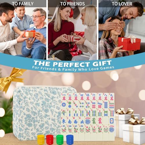 Jolitac American Mahjong Game Set, 166 Premium Tiles, 1.2-inch Mahjong Tile Set with Sturdy Carrying Bag, Thickened Mah-Jongg Tiles Bag Portable Travel Complete Mahjong Set - color: Blue & White