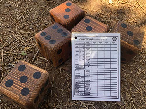Yardzee Giant Yard Dice Set with custom wood storage case, 4 dry erase score cards and 5 Lawn Dice. Great Outdoor Game Gift Idea
