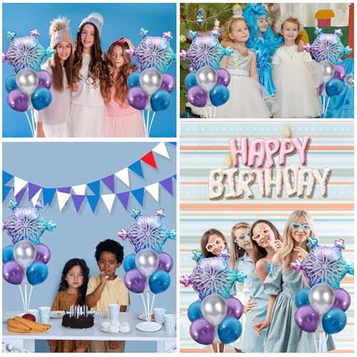 Snow Birthday Party Balloons Stand Kit 2 Sets With Snowflake Foil Balloons for Winter Wonderland Girl Princess Birthday Party Themed Decorations - Balloon Centerpiece for Tables - style: Snow