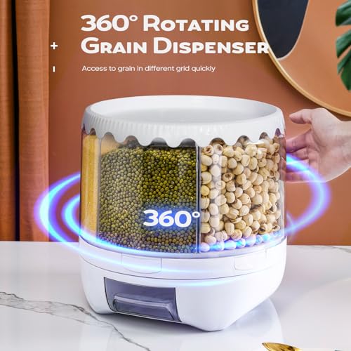Grain Dispenser, 360° Rotating Storage Container, 6 Grid Food Dispenser with Storage Sealed Lid, Rice Dispenser for Kitchen Grains, Beans, Rice - size: M-2026 NEW