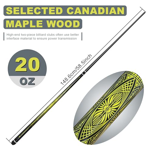 HomeSeason Fiberglass Pool Cue Stick 21oz Cue Sticks 58" Professional Low Deflection Billiard with Screw-in Extension and Leather Bag - color: 21oz(Gold)