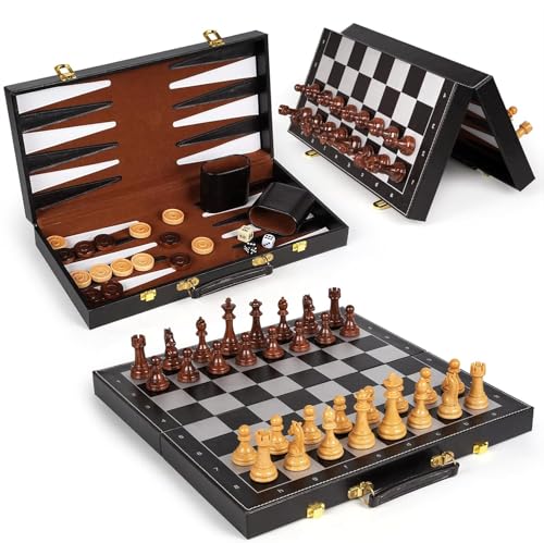 3 in 1 Magnetic Chess Set & Checkers Backgammon Board Game Set, 15" Wooden Folding Chess Board, Tournament Portable Travel Chess Set, Beginner Chess Board Game for Adults & Kids