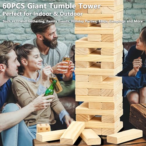 ApudArmis Giant Tumble Tower Stack to Over 5.2Ft, 60 PCS Pine Wooden Stacking Timber Tower,Classic Block Giant Outdoor Indoor Game for Adults, Fun Game at Backyard, Lawn, Party with Family & Friends - color: Burlywood