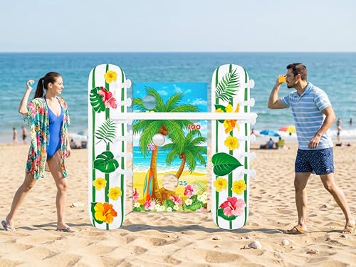 2 Sets Hawaiian Luau Party Decorations – Inflatable Limbo Games, Bean Bag Toss Banner Set for Birthday, Beach Pool Supplies, Summer Fun Activities, Outdoor Festival
