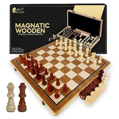 Magnetic Chess Set with Checkers - 15" (2 in 1) Folding Wooden Chess Sets for Adults & Kids with 2 Extra Queens | Travel Chess Board Game Set with Chess Pieces Storage Slots, Luxury Gift with Storage