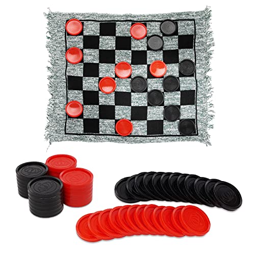Win SPORTS 3 in 1 Giant Checkers,Mega Tic Tac Toe,Indoor Outdoor Jumbo Classic Board Games,30”Reversible Rug with 24 Checkers Pieces,Checkers Cloth Mat Game for Travel,Family Party,BBQ - style: Winter