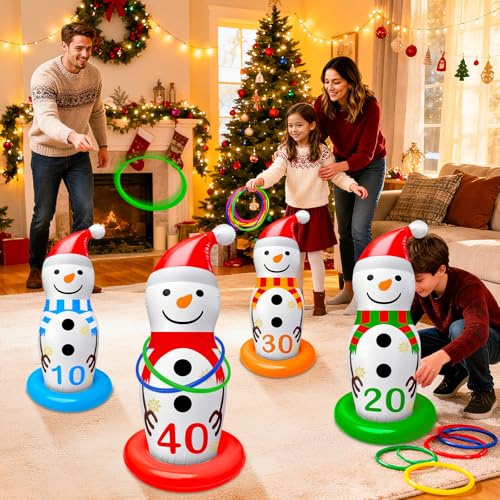 Christmas Ring Toss Game Inflatable Snowman Christmas Party Games for Kids Family Adults Xmas Activities Supplies Decoration Indoor Outdoor Garden Toys 4 Scoreboard Snowman,12 Plastic Rings Gifts