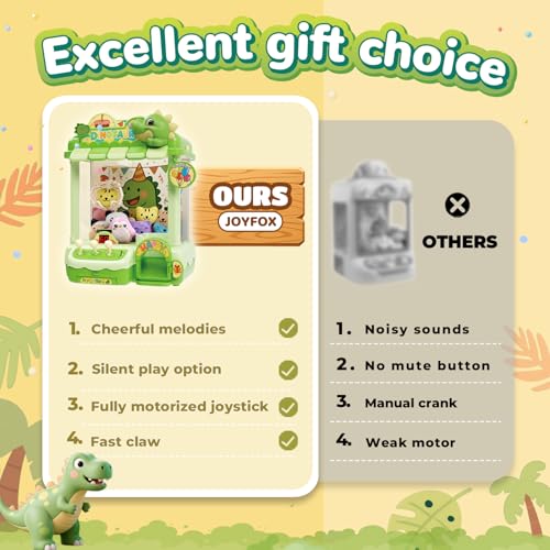 Dinosaur Claw Machine for Kids, Dino Arcade Prize Grabber with 20 Mini Plush Toys and 20 Capsules, 3-Lever Controls, Lights and Music, Gift for Ages 3 and Up - style: Dinosaur