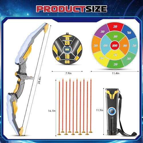 Kids Bow and Arrow Set LED Light Up Archery Set with 10 Suction Cup Arrows, 2 Archery Targets Indoor Outdoor Games for Kids Ages 4-8 8-12 Birthday Gifts Toys for 5 6 7 8 9 10 11 12 Year Old Boys Girls