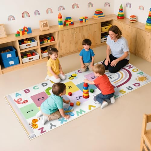 Hopscotch Rug for Kids, Hopscotch Play Mat, ABC Classroom Learning Mat, Small Kids Rug for Playroom, Non-Slip Educational Carpet for Kids Room or Classroom (Numbers & Squares)