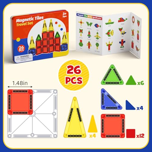 WMXDU Mini Magnetic Tiles with Iron Case, Magnetic Building Toys Kid's Travel Essential Portable Creativity On-The-Go Magnet Blocks STEM Travel Toys for Toddler Boys Girls Ages 3+, 26-Piece - style: 26pcs-Orange