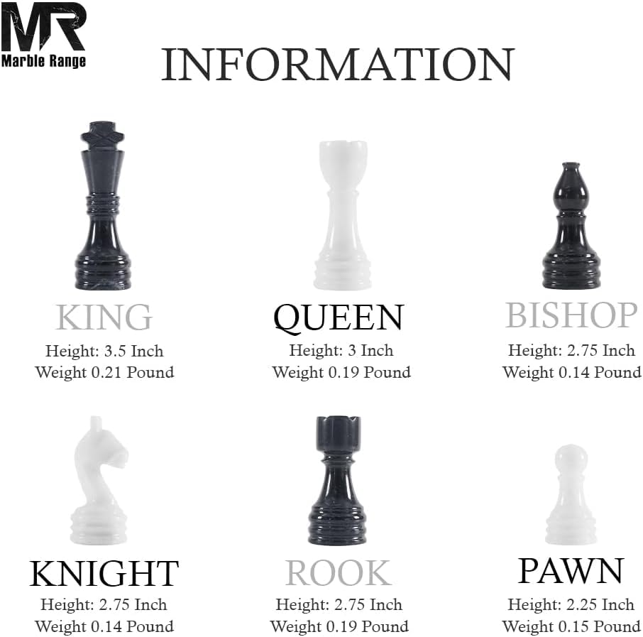 Marble Chess Set 15" Inches Black and White with Storage Box and 2 Extra Queen Handmade Luxury Board Games for Adults, Ideal Marble Chess Board Game Set & Chess Pieces - color: Black & White