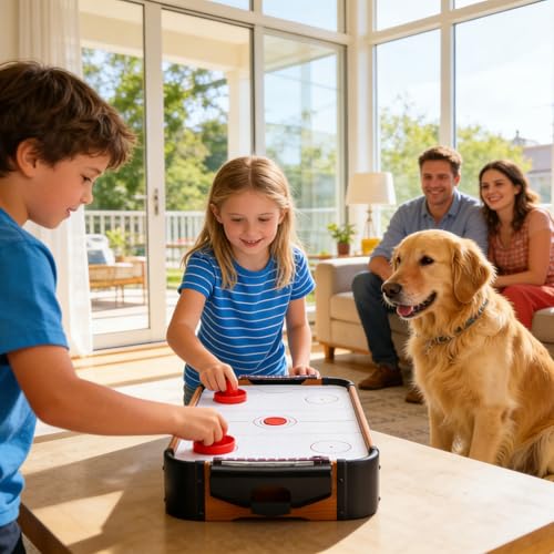Table Air Hockey Game - Portable Wooden Mini Trampoline Game Tabletop Fun | Compact Air Hockey Desk for Adults, Family & Kids | Birthday Christmas New Year Parties for