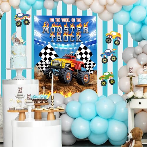 Faccito Monster Truck Birthday Games Pin The Wheels on The Monster Truck Large Poster with 24 Wheel Stickers and Game Blindfold Cars Pin The Wheels Game for Birthday Decorations Trucks Party Supplies - style: Monster