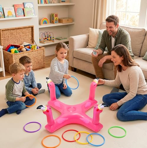 Pool Games & Toys, Inflatable Flamingo & Shark Ring Toss - Floating Water Game Set for Kids Ages 4-8 8-12, Adults and Family - Summer Swimming Pool Party Decorations