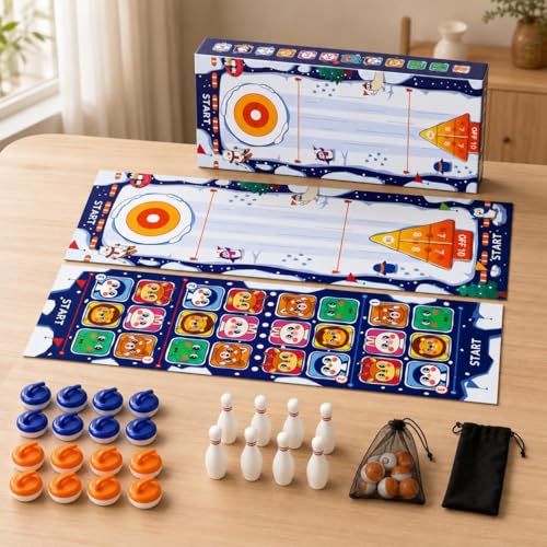 Qianly Tabletop Games for Family, Indoor Mini Bowling Game, Roll-Up Shuffleboard Mat, Compact Multi-Game Set