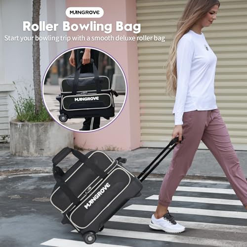 Mangrove 2 Ball Bowling Bag with Wheels, Double Bowling Bags 2 Ball Roller w/Separate Compartment for Bowling Shoes (Up To US Mens Size 15), Accessory Pocket & Retractable Handle Extends To 40"