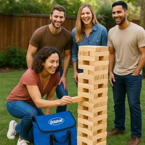 Bolaball Tumbling Tower Game with 56 Wooden Blocks & Carry Bag, Classic Stacking Tower for Family Games, Party Games, Travel Games, Indoor Outdoor Tumbling Games - style: Timber Tower