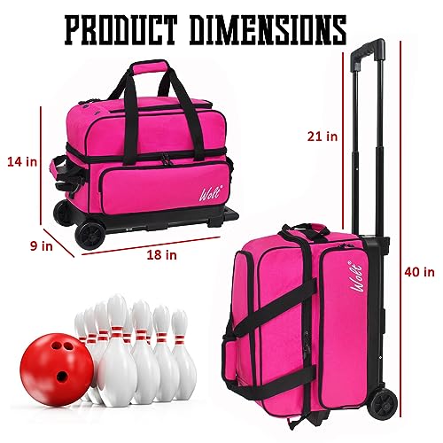 WOLT Double Roller 2 Ball Bowling Bag with Separate Shoe Compartment, Large Capacity Bowling Ball Bag with Accessory Pocket, Retractable Handle Extends to 40" - color: Pink