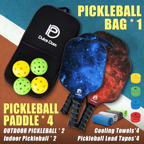 Dulce DOM Pickleball Paddles Set of 2/4 - USAPA Approved, 4 Indoor Outdoor Pickleball Balls, Fiberglass Surface Paddle Racket with Cover Bag, Ideal Training Equipment Gift for Men & Women - color: Blue Red*6