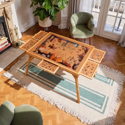 1500 Piece Puzzle Table with Foldable Legs, 34'' W×26'' D×27''H Large Wood Portable Jigsaw Puzzle Board with 4 Drawers, Folding Puzzle Board Game Table for Adults, Nature - size: 34''- Puzzle Table