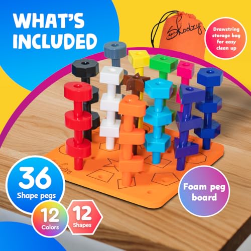 Skoolzy Peg Board Set - Montessori Toys for 2 Year Old - 38 Pc Plastic Peg Board for Kids with Shapes - Occupational Therapy Toys with Pegs, Dice, Lacing String & Storage Bag - style: Shapes Pegboard - 38pcs