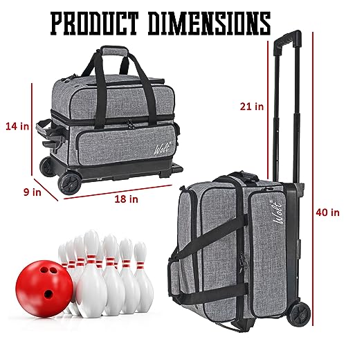 WOLT Double Roller 2 Ball Bowling Bag with Separate Shoe Compartment, Large Capacity Bowling Ball Bag with Accessory Pocket, Retractable Handle Extends to 40" - color: Grey