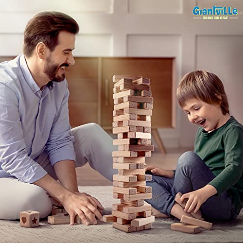 Giantville Giant Tumbling Timber Toy - Premium Pine Wood Life-Size Blocks Tower - Big Floor/Board Indoor/Outdoor Yard Game for Kids & Adults - 54-Pieces + Dice + Carry Bag - Grows to Almost 3-Feet - size: Large