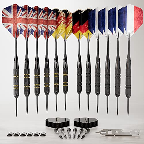 CC-Exquisite Darts Set | Professional 12 X 20/22g Metal Tip Darts | Steel Tip Darts with 24 Flights & 18 Aluminum shafts + Dart Tool, Rubber O-Rings - color: Gold & Black