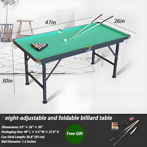 55" Foldable Billiard Table for Kids & Adults - Safe Anti-Collision Design, 330 Lbs Load Capacity, Includes Balls, Cues, Chalk & Brush - Portable Wooden Pool Table for Indoor Outdoor Use - size: 47inA