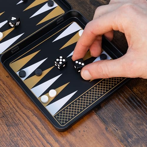 Iron & Glory Magnetic Travel Backgammon Set Durable Tin Case with Secure Magnetic Pieces, Compact & Portable Board Game for Family Strategy Game with Carry Pouch Easy On-the-Go Fun, Ideal Novelty Gift - color: Black