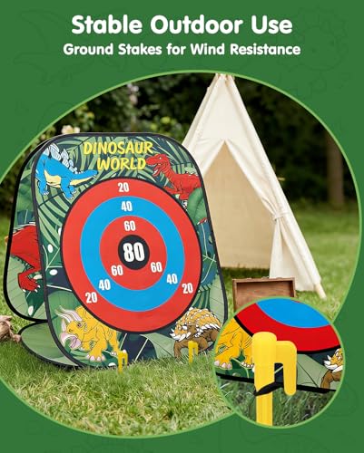 5-in-1 Bean Bag Toss Game for Kids Ages 3-8, Outdoor Cornhole Set with 3 Interchangeable Boards (Toss/Dart/Tic-Tac-Toe), Includes 8 Beanbags 6 Balls/Darts/Rings, Backyard Toys for Boys - style: Dinosaur